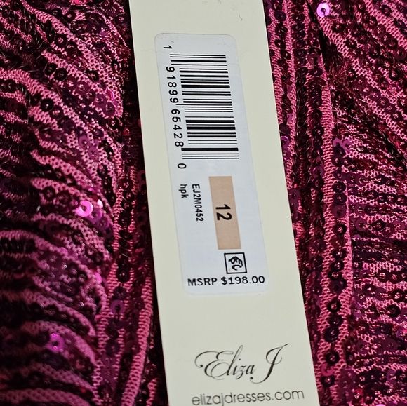 Eliza J Cocktail Dress Size 12 Pink Sequined Long Sleeve Draped Shoulder Pad NWT - Picture 9 of 10
